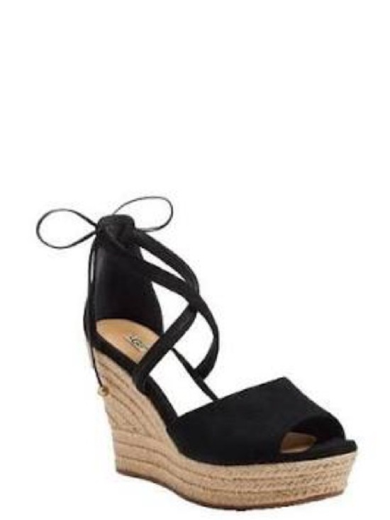UGG Shoes - UGG Black Suede Reagan Wedge Sandals with Ankle Ties - size 8